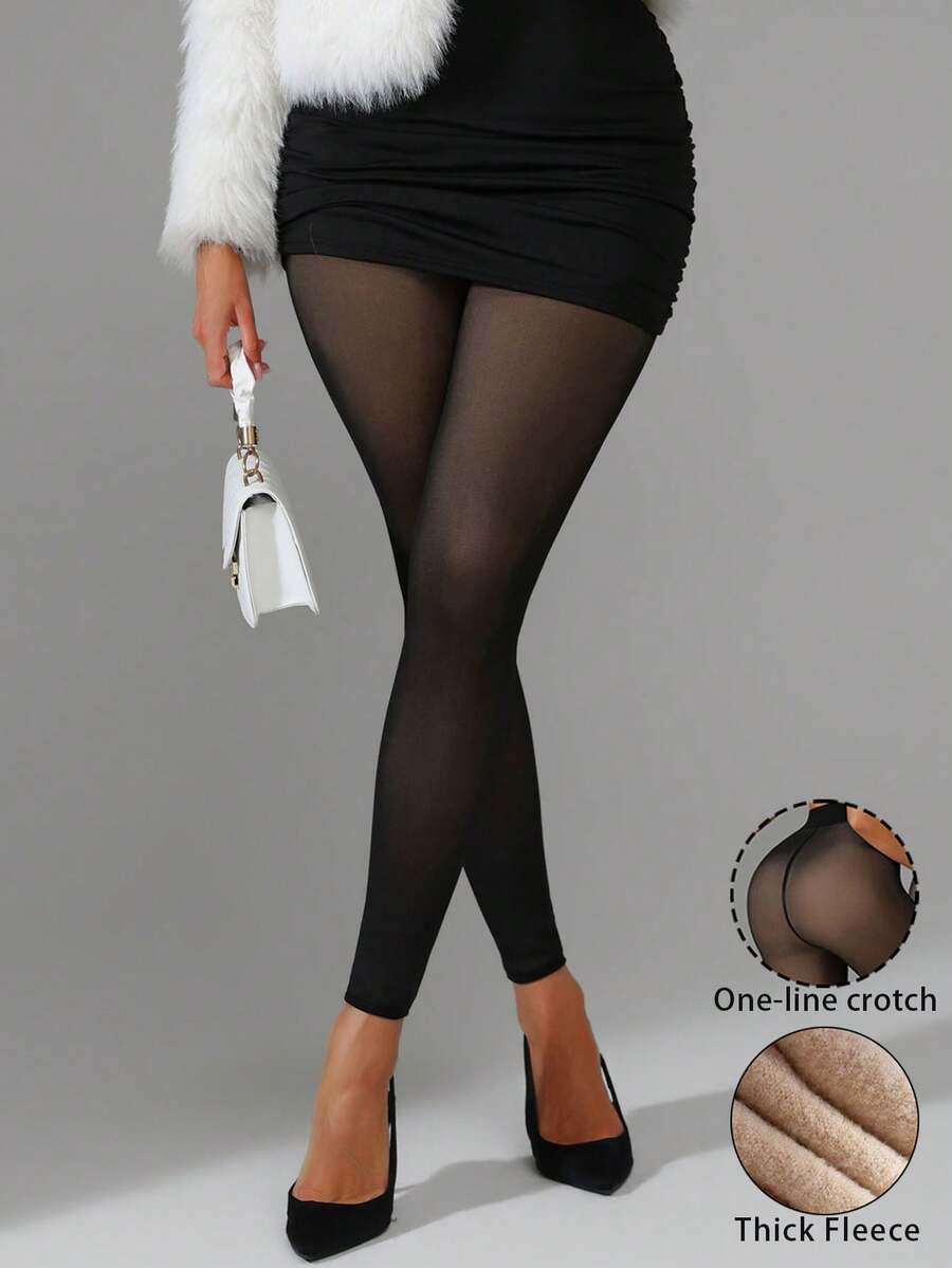 2/1 Peça Legging Térmica Feminina para Outono/Inverno, Meia-Calça Elástica Transparente Falsa, Meia-Calça que Valoriza as Pernas, Meia-Calça Preta Sem Costura no Cavalo, Comprimento Cropped, Adequada para Halloween, Natal, Dia dos Namorados, Uso Diário, 5-15℃ - Multicolorido - Visão 1