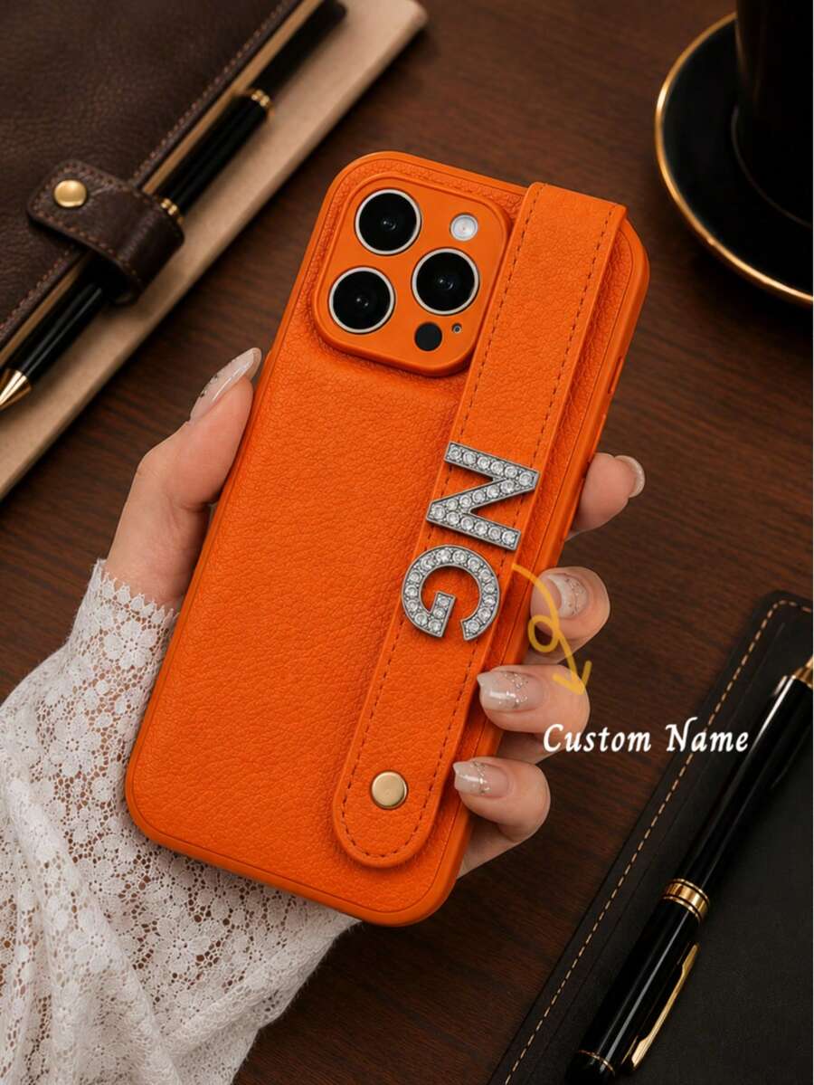 Customized Luxury Litchi Texture Rhinestone 3D Letter Phone Case, Personalized Letter Name, Minimalist Anti-Fingerprint Couple Leather Phone Case, Valentine's Day Gift, Good Birthday Gift, Holiday Gift, Gift For Him And Her, Personalized Gift - Orange - View 1