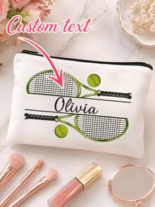 1pc Customized Personalized Tennis Racket Pattern Design Makeup Bag - Customized Name Cosmetic Bag, Neutral Zipper Toiletry Bag - Multicolor - View 2