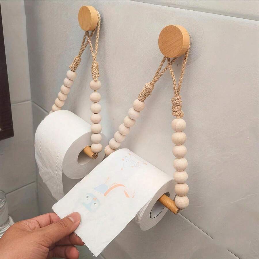 1/2 Pcs Wall Mounted Hemp Rope Toilet Paper Holder, Punch-Free Toilet Hemp Rope Toilet Paper Holder, Kitchen Wall Mounted Paper Towel Holder With Hook, For Replacing Rolls - Modern Home Fashion Bathroom Accessories, Rattan Toilet Paper Holder - Multicolor - View 1