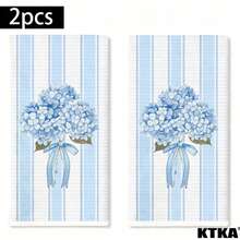 2PCS Blue Striped Hydrangea Kitchen Towels, Dish Cloth Thanksgiving Fall Farmhouse Kitchen Decor Gift - Blue and White - View 9