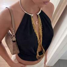 女款性感金屬鈕扣流蘇掛脖露背深V領純色針織布料流蘇金屬鈕扣上衣 黑色 夏季 節慶風 - 黑色 - 查看 4