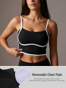 Soyun Nouveau débardeur de yoga blocs de couleurs pour femmes avec coussinets de poitrine intégrés, convient pour le fitness, le tennis, la course, la randonnée, les sports de plein air, noir, été - Noir - Voir 3