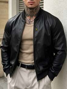 American Style Premium Baseball Collar PU Leather Jacket, Loose Casual Motorcycle Style Men's Leather Coat - Black - View 3