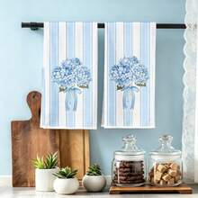 2PCS Blue Striped Hydrangea Kitchen Towels, Dish Cloth Thanksgiving Fall Farmhouse Kitchen Decor Gift - Blue and White - View 7