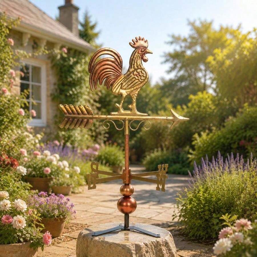 Metal Rooster Weathervane, Powder Coated Rust Resistant Finish, Roof Mount Wind Direction Indicator, Classic Farmhouse Garden Decor, Russet, 18.9 Inch-XY733701 - 1 - View 1