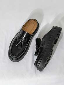 Black Tassel Loafer Mule Half-Slip-On Men's Backless Slip-On Shoes With Thick Serrated Platform Sole, Invisible Height Increase, British Street Style Spring/Summer Commute Versatile Slouchy Outdoor Sandals - Black - View 6