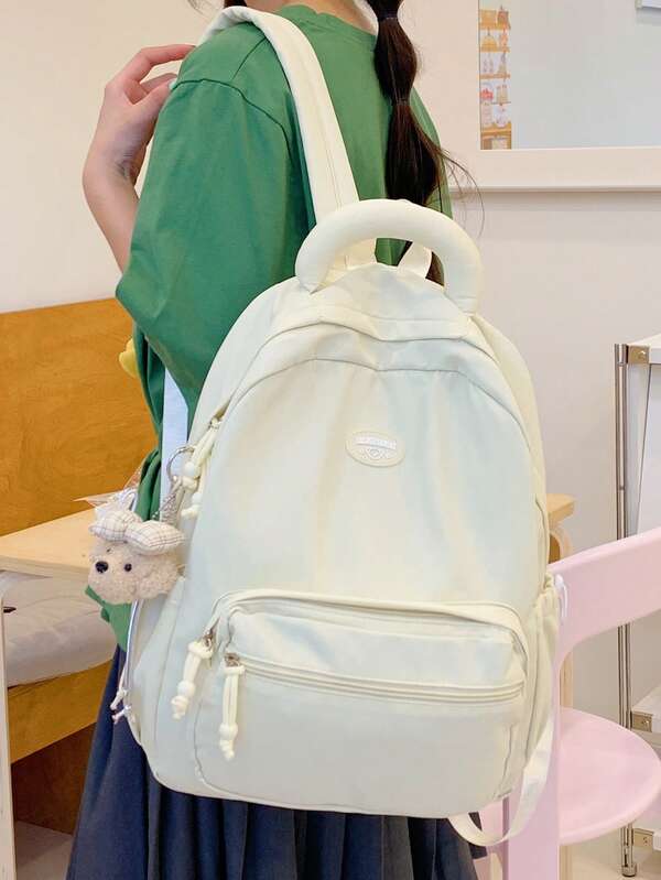 Minimalist Solid Color Versatile Letter Patch Multi-Pocket Student Backpack, College Style Functional Bag, Waterproof Smooth Fabric, Multiple Colors Available, Large Capacity Layered Compartments, Front Small Pocket For Phone And Cards, Side Drawstring For Cup And Umbrella, Suitable For School, Tutoring, Work, Commuting, Shopping, Travel, Back To School Season