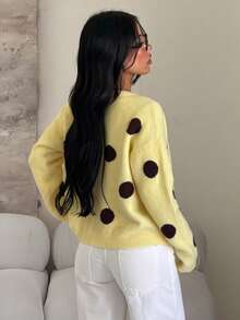 Women's Elegant Elegant Vacation Street Polka Dot Cardigan Sweater Yellow Fall - Yellow - View 5