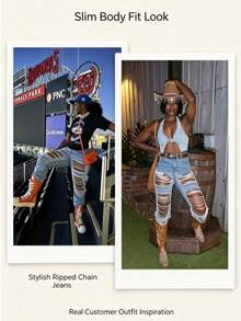 Women's Sexy Tight Elastic Tear Pearl Decoration Jeans Blue Pants-Y2K Streetwear Pants For Party Nightclub & Festival,Going Out,Concert,Back To School - 淺色水洗藍 - 查看 4