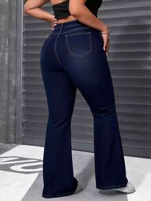 Curvy‑Size Pantalones campana de cintura alta con botones frontales y gran elasticidad, diseño que eleva glúteos ideal para figuras curvy - Azul profundo - Ver 4