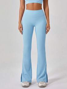Never me Women's Sports Flared Pants, High Waist Split Leg Yoga Fitness Bell Bottom Trousers - Aqua Blue - View 6
