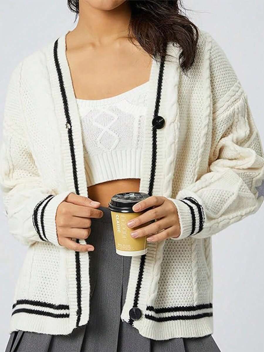 Star Print Striped Knit Drop Trim Cable Open Shoulder Cardigan - Beige - View 1
