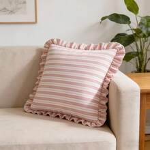 1pc Striped Ruffle Pillow Case, Bohemian, Soft Square Decorative Cushion Cover, Country Style Light-Colored Striped Sofa Bed Home Decor, No Inner Core - Blue - View 8