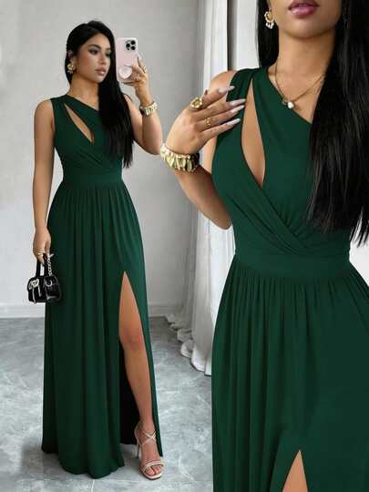 Vestido largo elegante sin mangas para mujer, corte en A, con cuello asimétrico y abertura en el muslo, perfecto para ocasiones formales o graduaciones