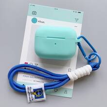 Silicone One-Piece Protective Case Compatible With Apple Bluetooth Earphones, Minimalist Solid Color Design With Travel Clip And Braided Lanyard Set - Mint Green - View 10