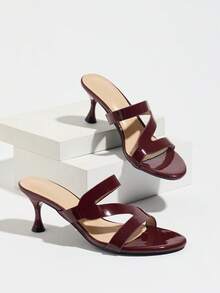 Women's Summer Burgundy Glossy Kitten Heel Open Toe Sandals Unique Z-Strap Slip-On Mule High Heel Sandals Elegant Style Exquisite Versatile Suitable For Banquet Party Date Commute Vacation Daily Gathering Shopping Outfit Mature Fashion High-End Women's Shoes - Burgundy - View 6