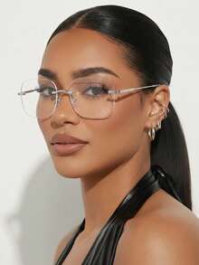 1pc Metal Rimless Rectangular Small Frame, Elegant And Sophisticated For Daily Commute, Minimalist Classic Fashion Glasses, Ultra-Light And Comfortable To Wear - Silver - View 6