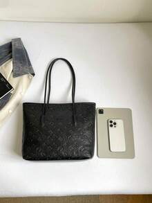 女款壓紋 PU 皮革托特包，大容量休閒日常手提包兼肩背包 - 黑色 - 查看 6