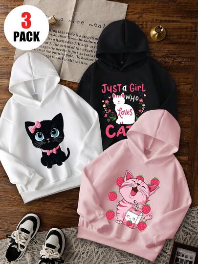 3pcs/Set Girls Big Tween Girl Bow Strawberry Cat Hooded Sweatshirt Black White Pink Cute Loose Casual Sweatshirt Set Spring Autumn