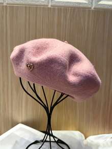 1pc/2pcs Women's Solid Color Wool Warm Beret, French Style Classic Rimless Beret, Suitable For Casual And Party Wear, Metal Heart Decoration, Candy Color Dopamine Style Autumn/Winter Hat - Heart Logo Beret - View 24