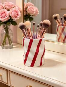 Red & White Striped And Pink & White Striped Resin Makeup Brush Holder, Decorative Cosmetic Storage Box For Vanity, Cute Makeup Brush And Pen Cup, Desktop Organizer For Makeup Brushes And Office Supplies, Elegant Makeup Brush Holder, Ideal For Girls, Students And Creative Decor Design (No Power Required) - Multicolor - View 10