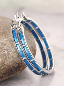 1 Pair Daily Hoop Earrings For Women, Wedding Engagement Party Jewelry, Valentine's Day Gift - Silver + Blue - View 1