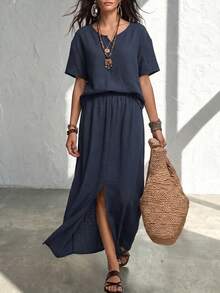 Elegant Minimalist Dark Linen Vacation Set, Navy Blue Notched Collar Loose Top And Front Slit Long Skirt Vacation Outfit - Navy Blue - View 2