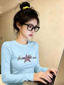 Early Autumn Star & Letter Print Unique T-Shirt For Women, American Street Style Round Neck Inner Layer Sky Blue Long Sleeve Top Casual - Sky Blue - View 4