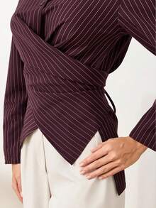 Women's Elegant Design Front Cross Tie Waist Long Sleeve Collared Striped Shirt, Striped Tie Front Button Asymmetrical Commute Office Daily - Burgundy - View 3