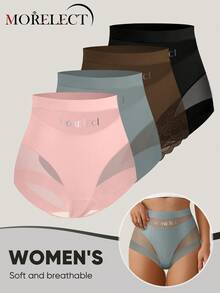 Morelect 4pcs High Waist Tummy Control Women's Panties, Breathable Mesh, Cross Tummy Control, Ice Silk Seamless, Shaping And Butt Lifting - Multicolor - View 5