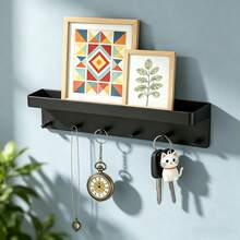 1pc Wall-Mounted Key Rack With 6 Hooks, Kitchen Storage Shelf Organizer, Bathroom Adhesive Holder For Keys Clothes Umbrella, Modern Design Home Wall Decor Hanger Stylish (Black, White) - Multicolor - View 3