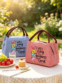 Vigour Summer Striped Colorful Songbird & Bible Verse Print Women's Handbag, Striped Lunch Bag, Unisex Leak-Proof Large Capacity Tote Bag, Portable Travel Picnic Camping Bag, Office School Work Meal Insulated Bag, Suitable For Daily Commute, Church Activities, Shopping And Spring Outings; Ideal Religious Themed Gift For Easter And Mother's Day - Multicolor - View 4