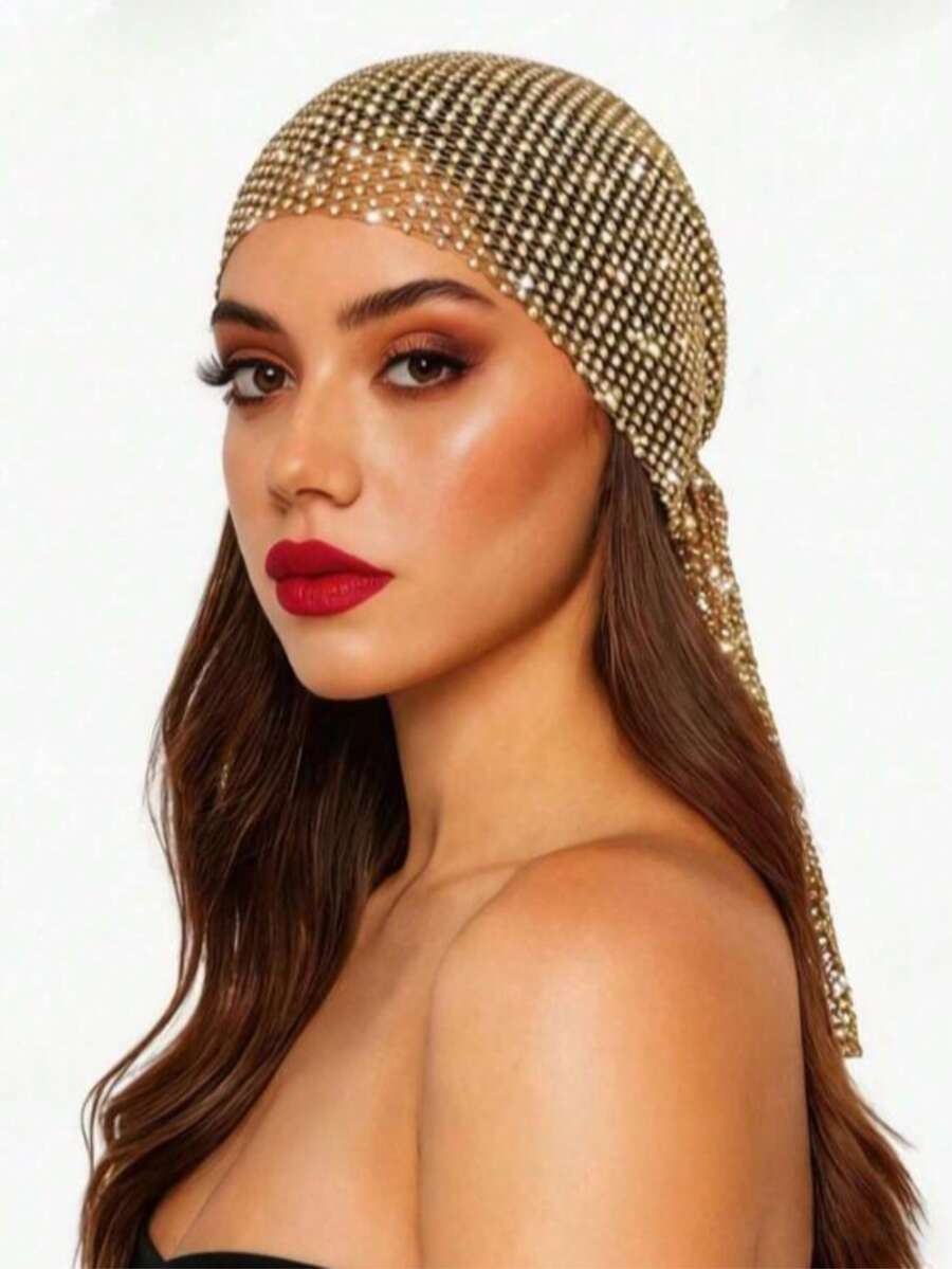 1pc Women's Fishing Net Full Rhinestone Gold Headscarf Hat Personalized Hair Accessory Suitable For Women's Daily Wear, Dance, Wedding, Party, Events, Valentine's Day And Other Occasions - Multicolor - View 1