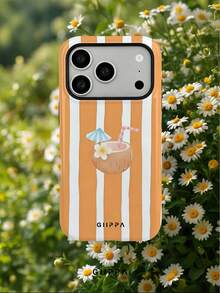 GIIPPA 1件 橘色條紋背景與椰子圖案設計，Phone 17 Pro Max 手機殼，相容於 Phone 16 Pro Max、15 Pro Max、14 Pro Max，韓系高端時尚趣味手機殼，相容於 11/12/13/14/15/16 Pro Max Plus，優雅設計適合男女，送給女友的完美禮物，適用於聖誕節、情人節、復活節、婚禮季節和生日！ - 橘色 - 查看 9