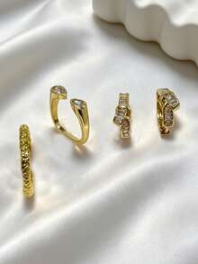 3組奢華金色多件式配件，精緻可疊戴戒指與耳環，適合女性日常穿著、婚禮及旅行 - 金色 - 查看 2