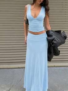 Setelan 2 Potong Kasual Wanita Warna Polos Kerah V dengan Detail Kerut, Cocok untuk Jalan-jalan, Liburan, Pakaian Sehari-hari, Musim Panas, Elegan - Baby Blue - View 2