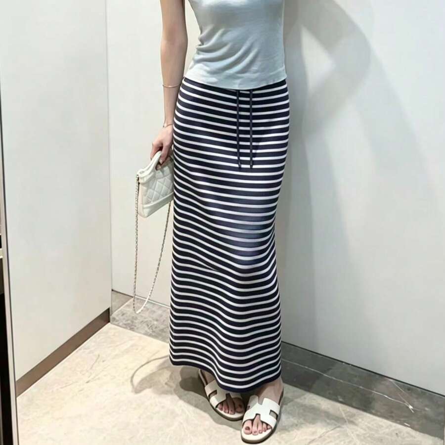 女款時尚撞色條紋露肩長裙,性感簡約度假休閒百搭通勤外出優雅長裙 - 藏青色 - 查看 1