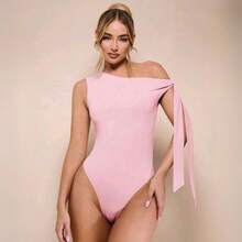 Women's Bodysuit With Tie Bow And Asymmetrical Neckline, Sleeveless, Ideal For Romantic Dates, Casual, Vacation And Summer - 珊瑚粉 - 查看 7