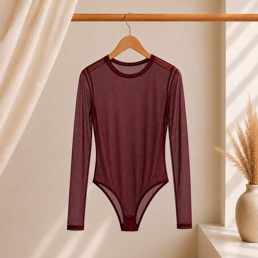 Basic Tulle Bodysuit With Long Sleeves - Fall/Winter 2025 Fashion - Burgundy - View 1