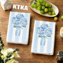 2PCS Blue Striped Hydrangea Kitchen Towels, Dish Cloth Thanksgiving Fall Farmhouse Kitchen Decor Gift - Blue and White - View 3