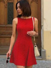 Cute Sleeveless Round Neck Short A-Line Dress, Red Polka Dot Knitted Fabric For Women Elegant Vacation Summer - Red - View 1