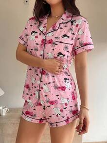 2pcs/Set Women's Halloween Ghost Pufferfish Bat Print Short Sleeve Top And Bow Shorts Pajama Set, Spring/Summer - Pink - View 4