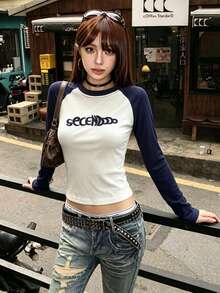 1pc Women's Ribbed Long Sleeve Knit T-Shirt, Embroidered Letter, Short Contrast Raglan Sleeve Top, Slimming Fitted Top For Autumn - Blue and White - View 3