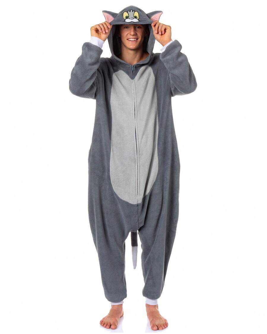 Tom & Jerry Union Suit Men's Tom Kigurumi Fleece Hooded Costume Pajama (2XL/3XL) - Grey - View 1