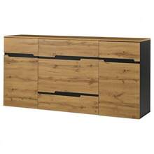 Aparador de salón 160*40*80 cm, aparador bajo con 2 puertas y 4 cajones, aparador de comedor, amplios compartimentos sin tirador, mueble auxiliar para sofá, color madera + negro - Color natural - Ver 8
