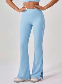 Never me Women's Sports Flared Pants, High Waist Split Leg Yoga Fitness Bell Bottom Trousers - Aqua Blue - View 9