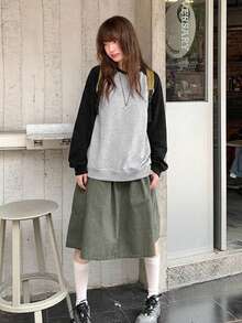 Vintage Colorblock Raglan Long Sleeve Women's Casual Loose Versatile Sweatshirt - Grey - View 9