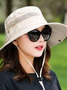 1 pieza Sombrero de cubo unisex primavera/verano, protección solar de ala ancha, con agujeros transpirables y cuerda a prueba de viento - Beis - Ver 4