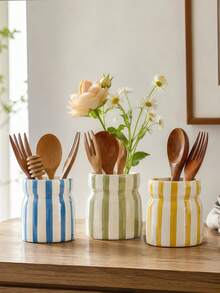 1pc Striped Ceramic Storage Jar, Hand-Painted Ceramic Storage Canister, Tableware Organizer, Makeup Tool Holder, With Various Color Striped Patterns, Suitable For Kitchen Storage, Tableware Organization, Home Decor And Holiday Gifts - View 1